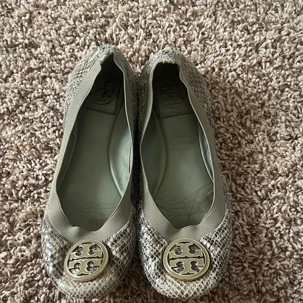 Tory Burch Snakeskin Pattern Flats with Gold Accents